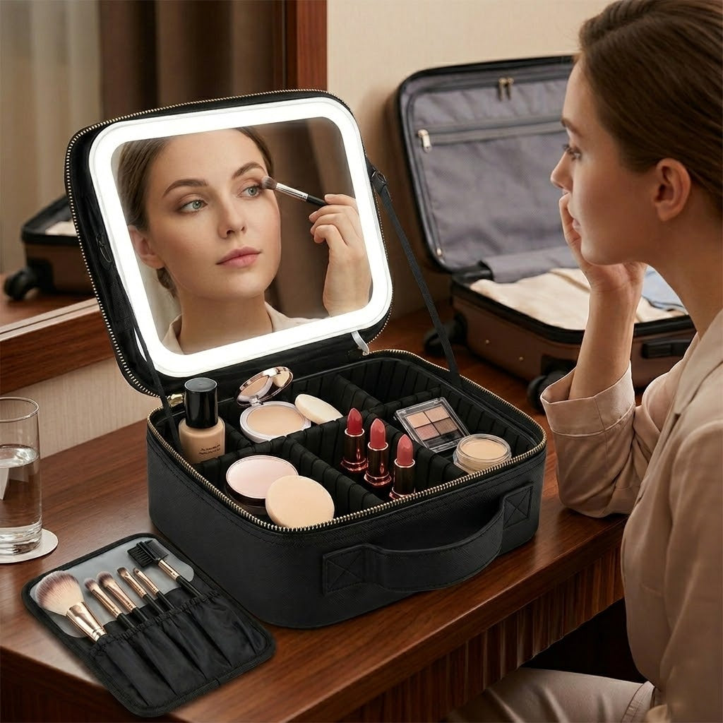 Professional LED Makeup Travel Case with 4K HD Mirror and Adjustable Dividers